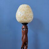 Hand-carved wooden table lamp with art deco lampshade