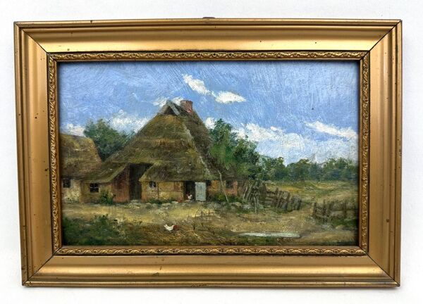Petite huile sur toile vintage ''La ferme et sa basse-cour