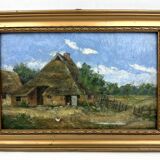 Petite huile sur toile vintage "La ferme et sa basse-cour "