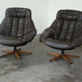 Pair of vintage Danish design brown leather swivel chairs by Bramin