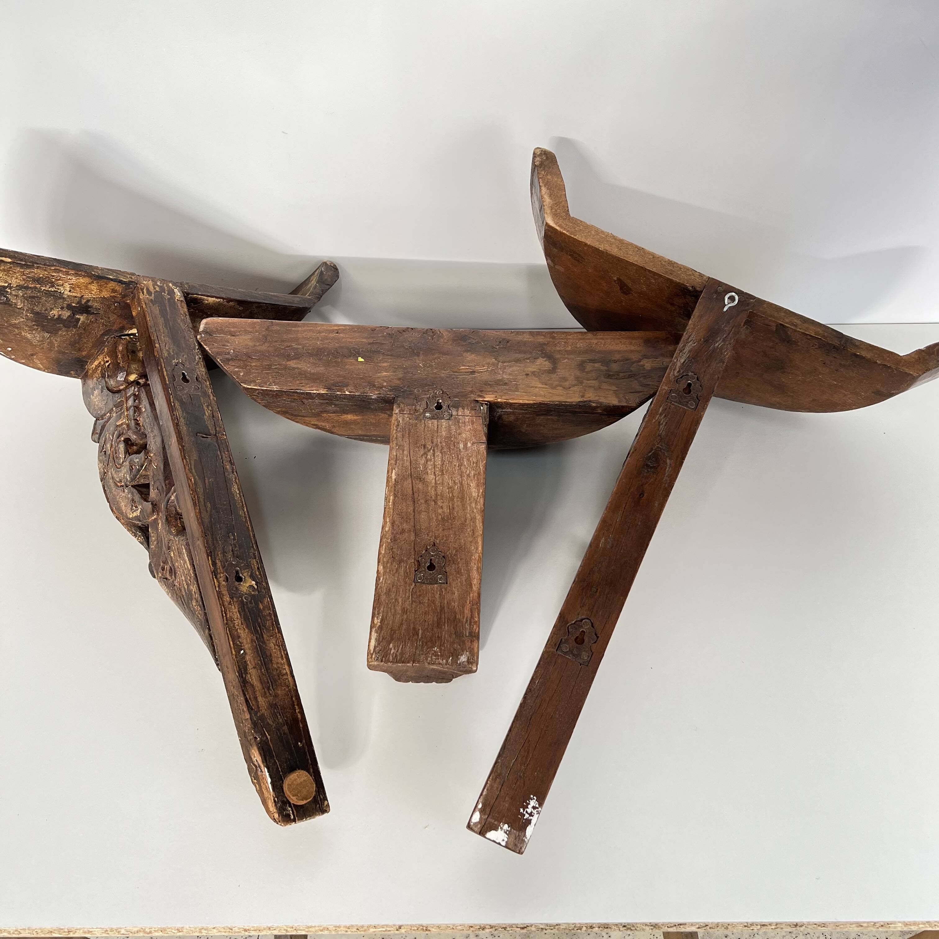 Set of 3 antique wall console lights, carved wooden shelves