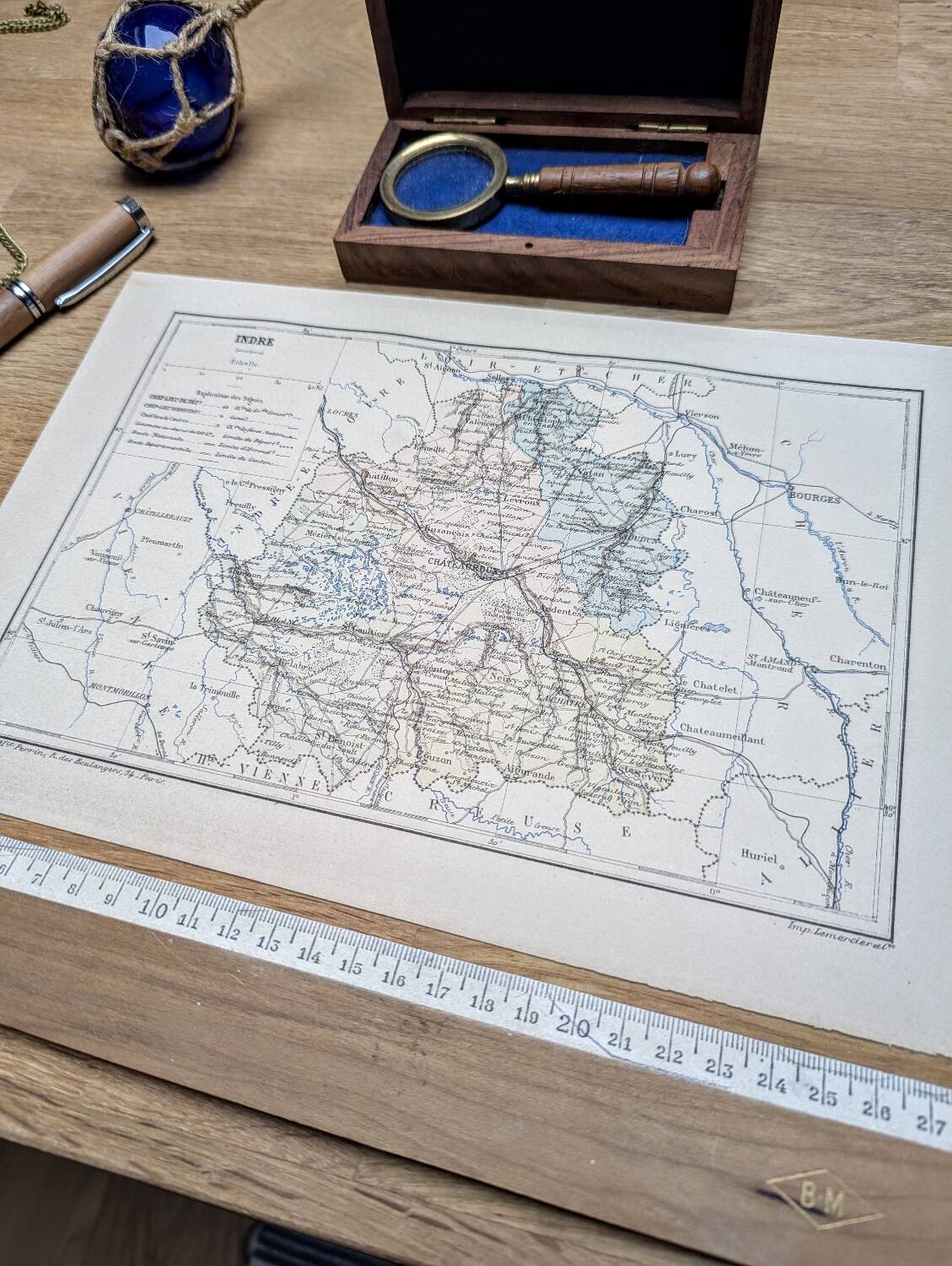 Map of Indre, printed in 1889. Authentic Vintage.