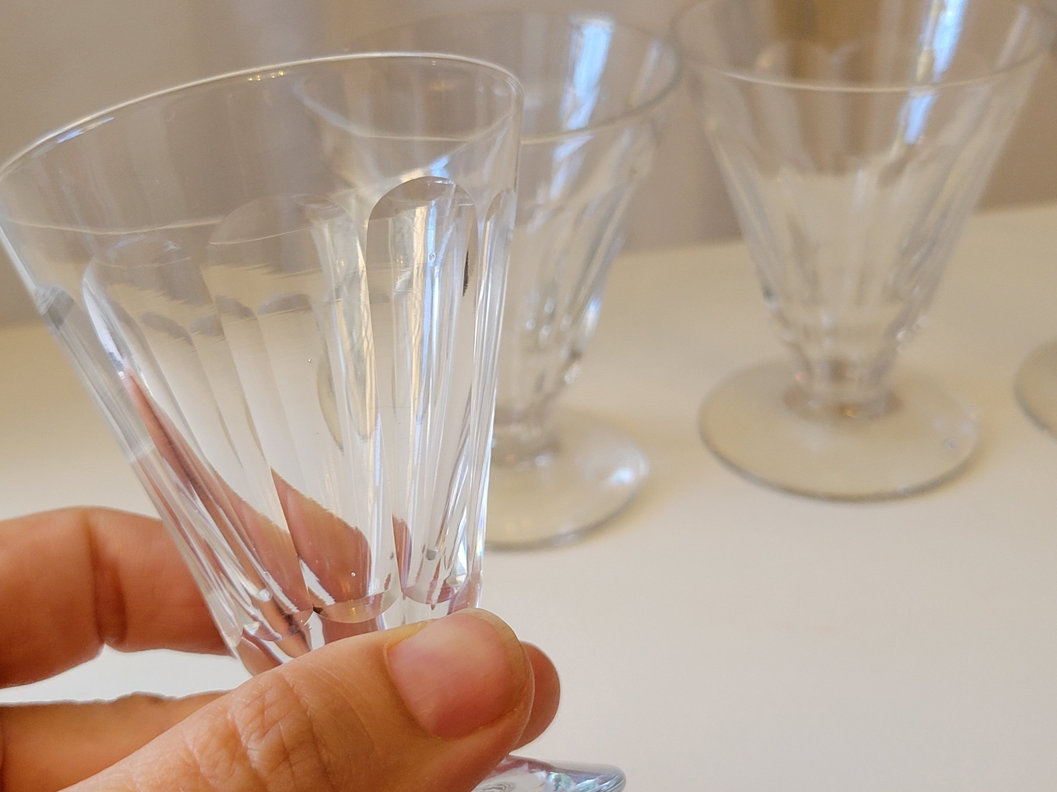 4 old conical liquor glasses cut with 10 flat ribs with faceted sides