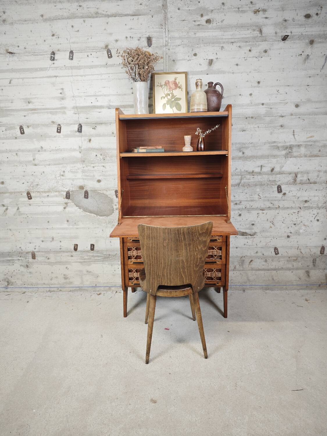 Vintage wooden and rattan secretary