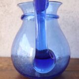 Large blue bubble blown pitcher