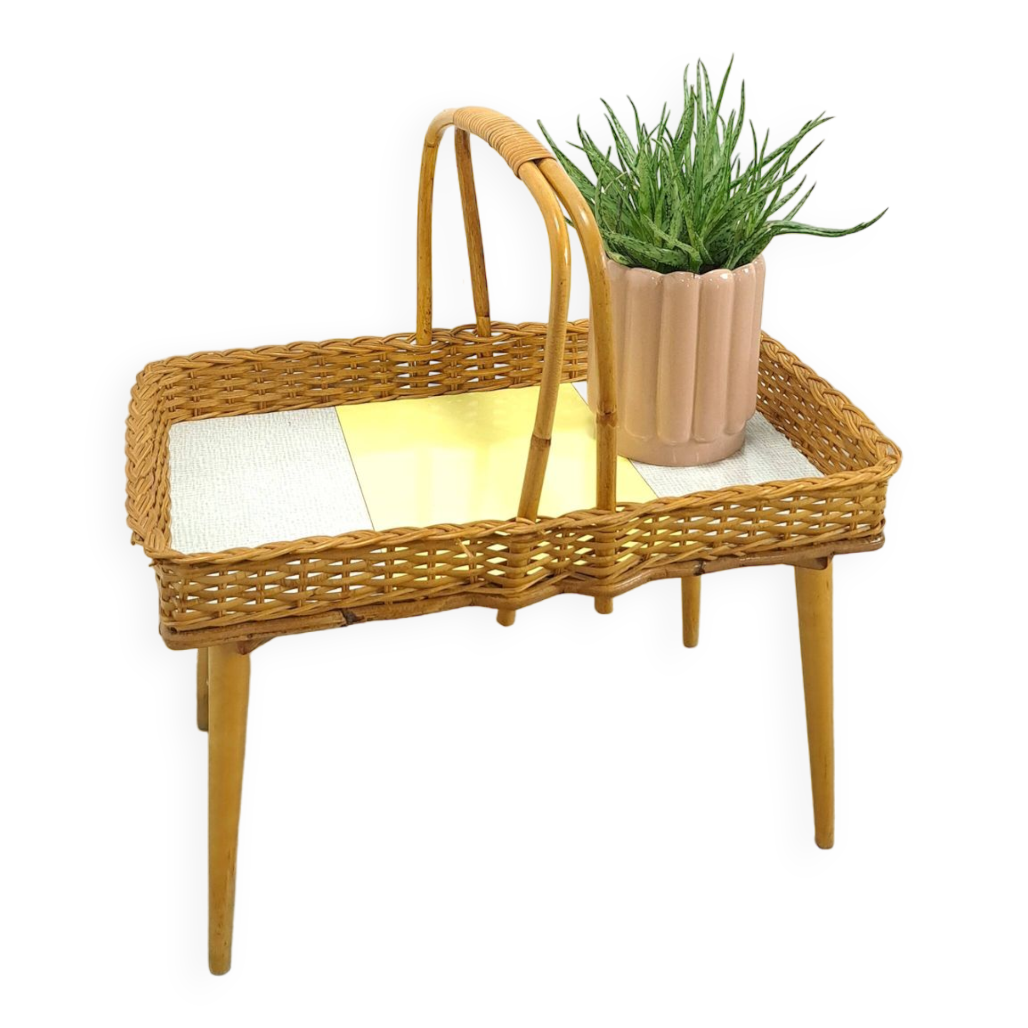 Rattan vintage tray on legs with yellow formica, fruit basket