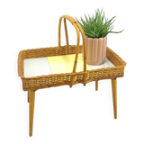 Rattan vintage tray on legs with yellow formica, fruit basket
