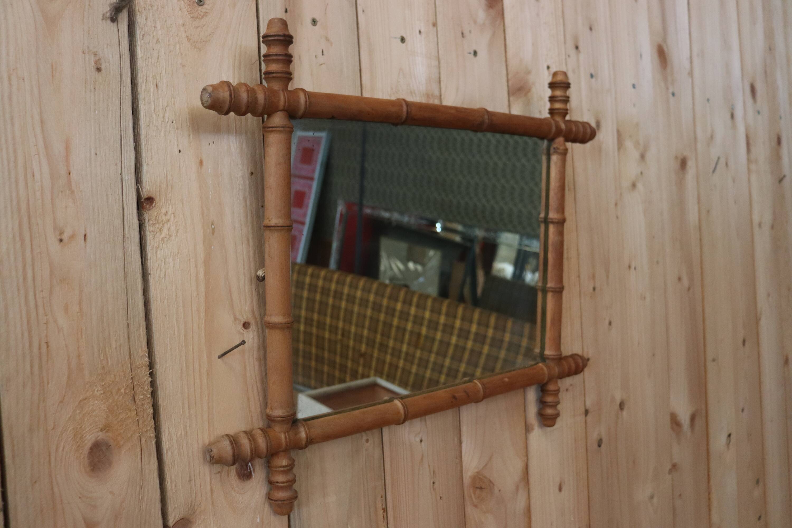 Turned wooden barber mirror 1900