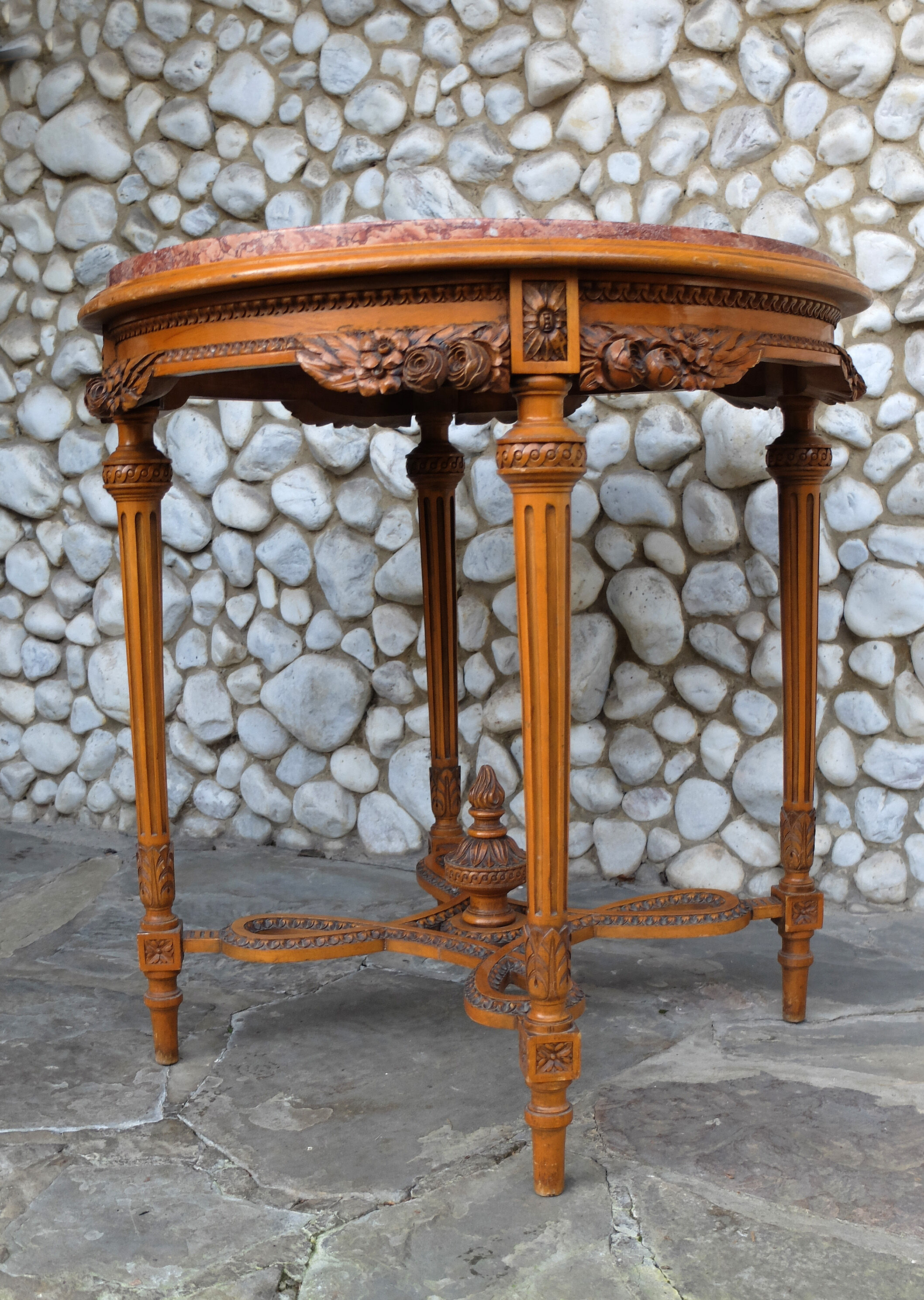 Antique round table plateau pink marble fully carved 1900s