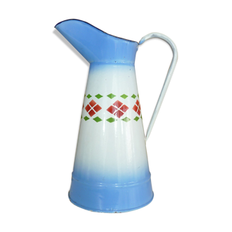 Water broc, blue and white enamel jug with red and green pattern