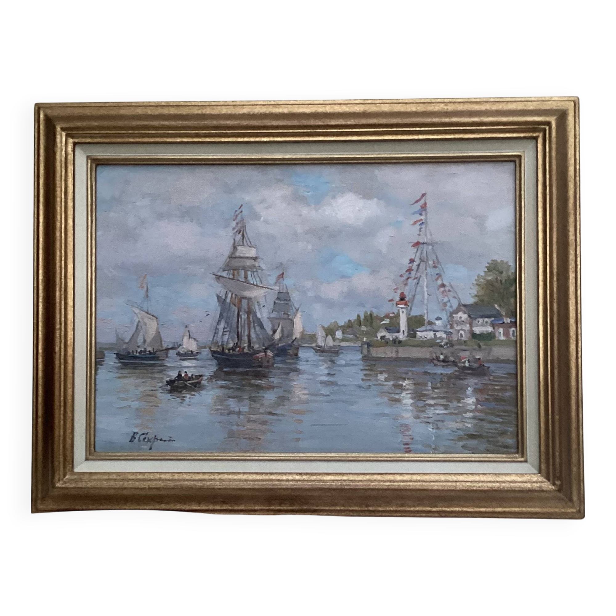 Signed framed painting Oil on canvas “Honfleur” dimensions: height -49cm- width -63 cm-
