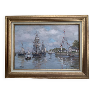 Tableau signé cadrée Huile sur toile « Honfleur «  dimension : hauteur -49cm- largeur -63 cm-