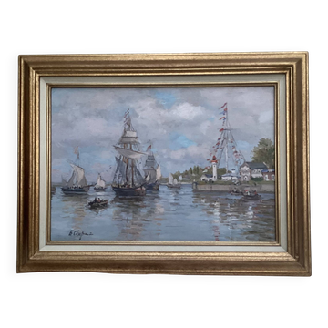 Signed framed painting Oil on canvas “Honfleur” dimensions: height -49cm- width -63 cm-