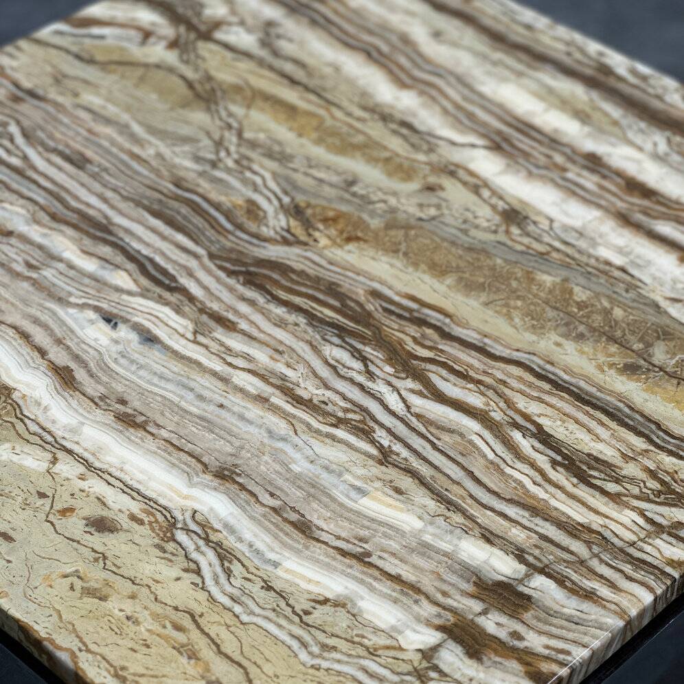 Italian 1970s coffee table in Breccia Sarda marble & steel legs – caramel tones