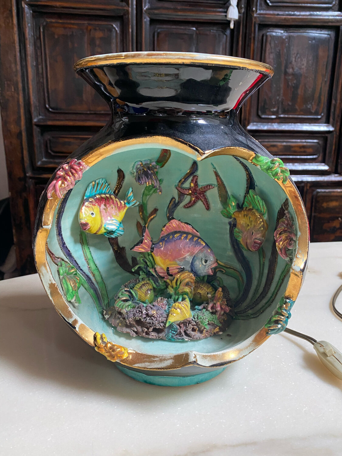 Vintage Vallauris aquarium fish table lamp