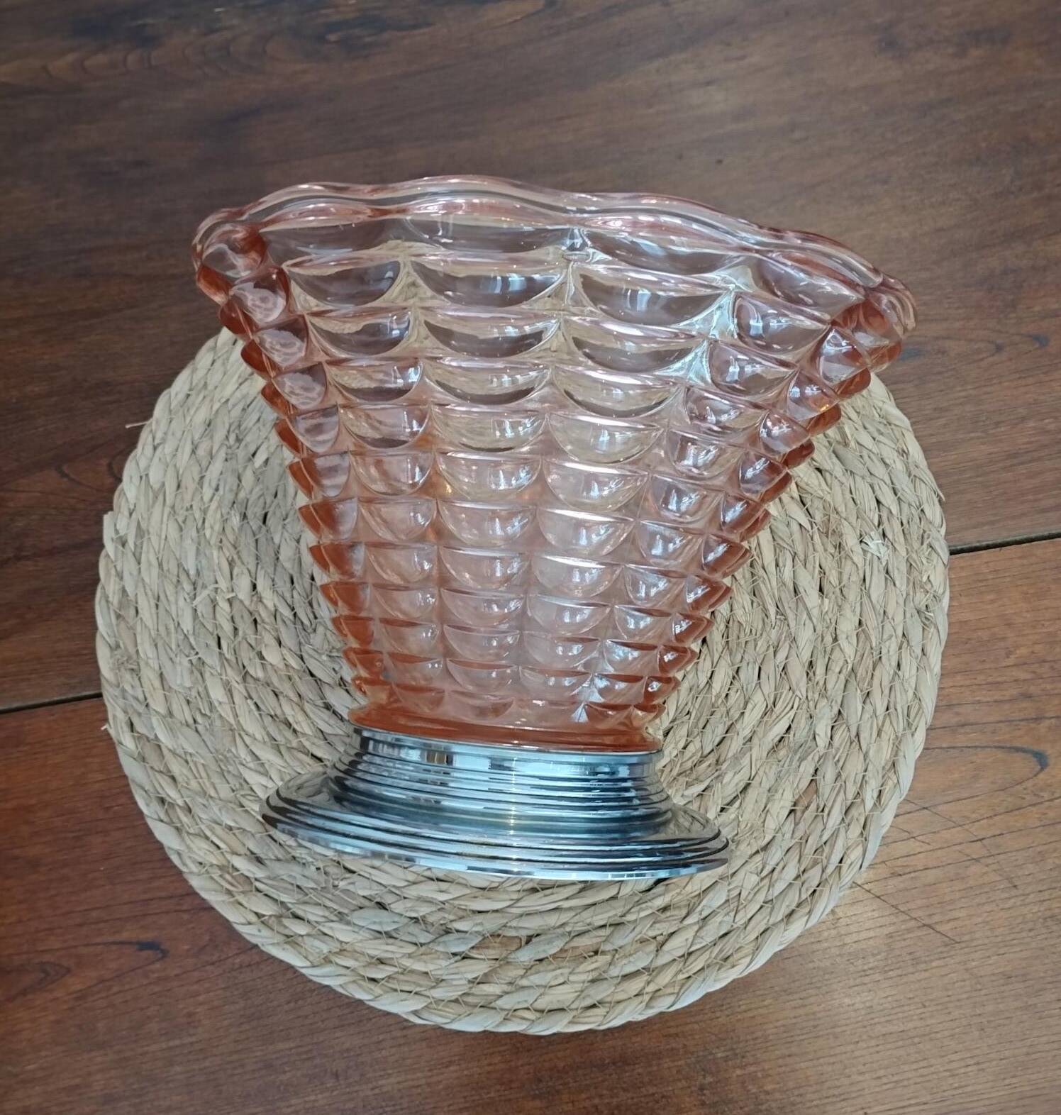 Art Deco cornucopia vase, centrepiece, bowl - blown glass & chrome 1930