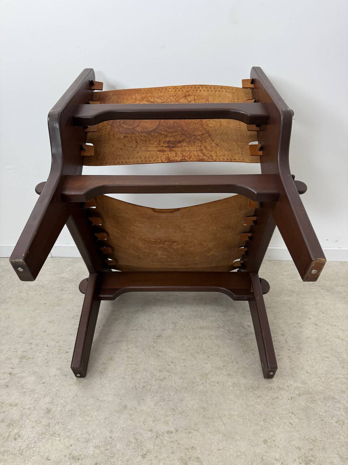 Vintage teak and leather armchair design Angel Pazmino brand Ecuador vintage 1960