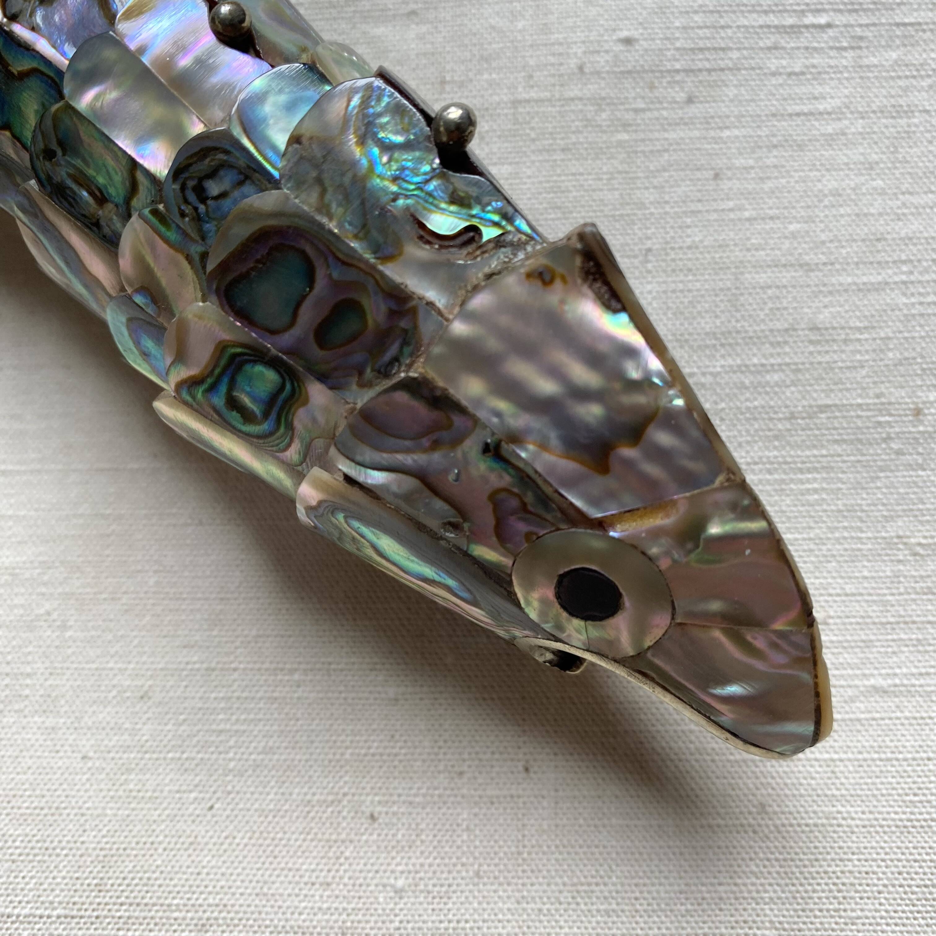 Fish-shaped bottle opener made of seashell and brass, 1970s