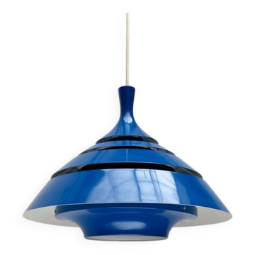 Lampe suspendue lamellaire bleue de l'ère spatiale du milieu du siècle par Hans-Agne Jakobsson pour Hans-Agne Jakobsson AB Markaryd, années 1960.