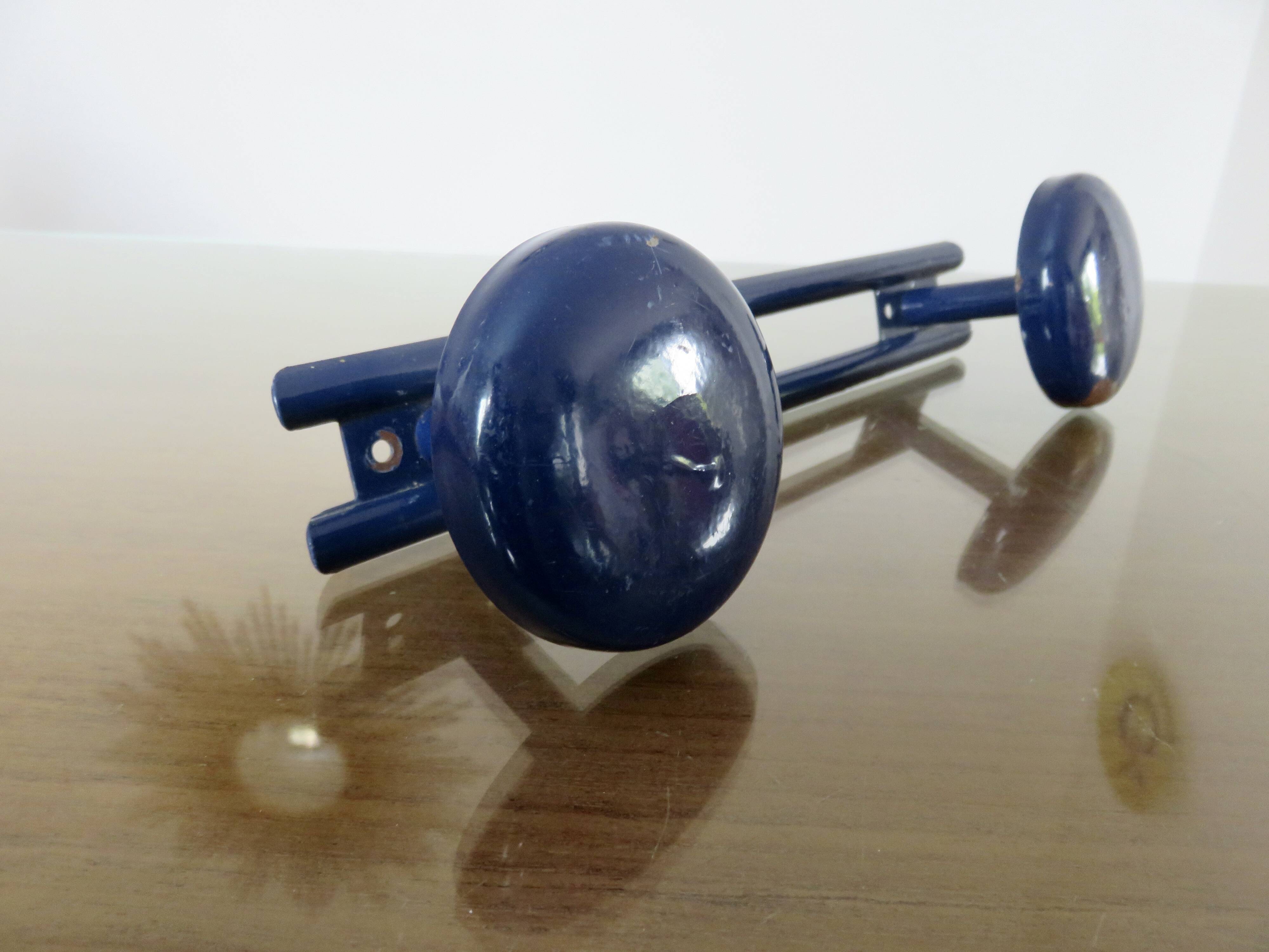 Blue lacquered metal wall coat rack, 1970