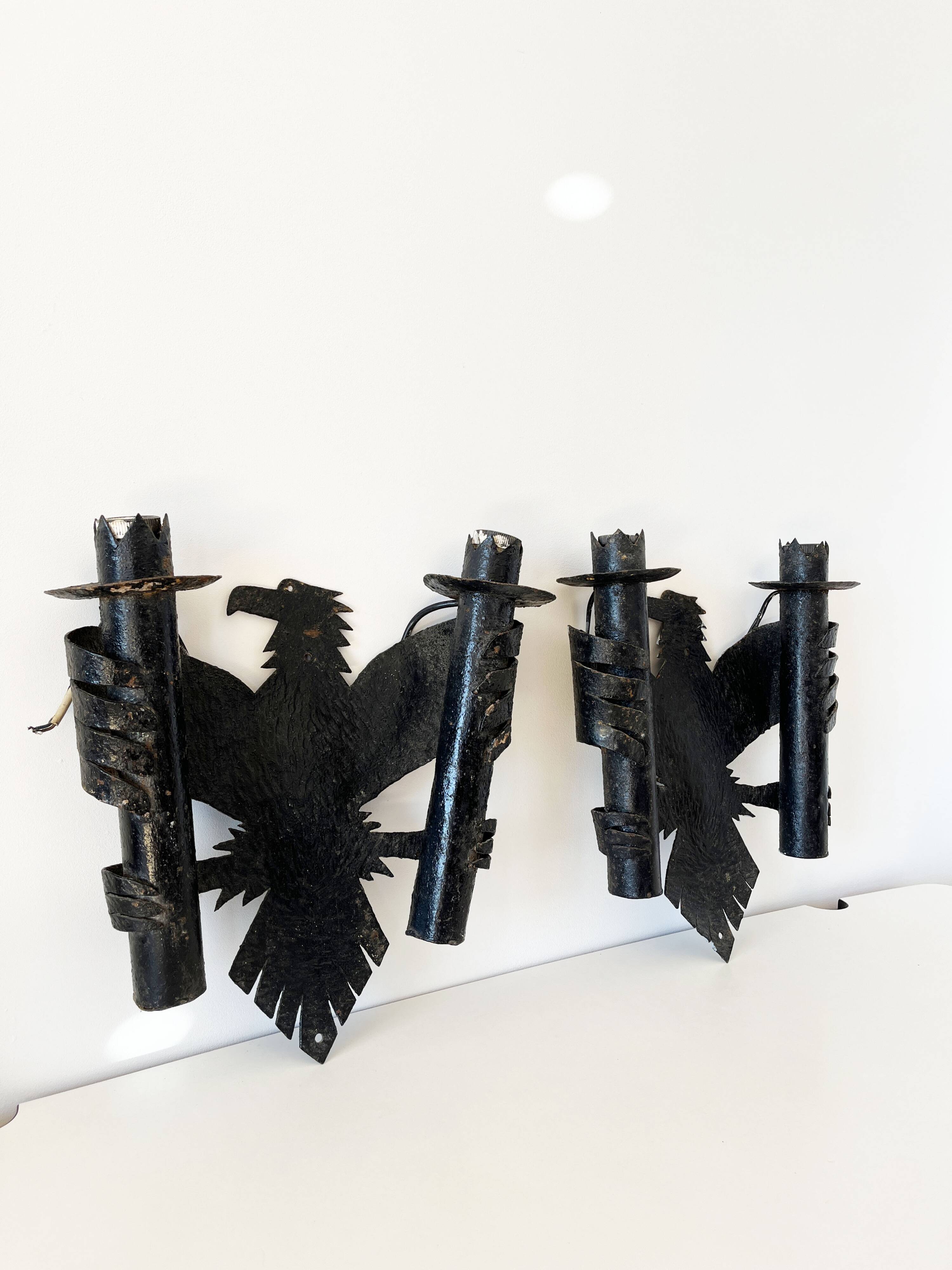 Pair of Brutalist Wrought Iron Eagle Wall Sconces