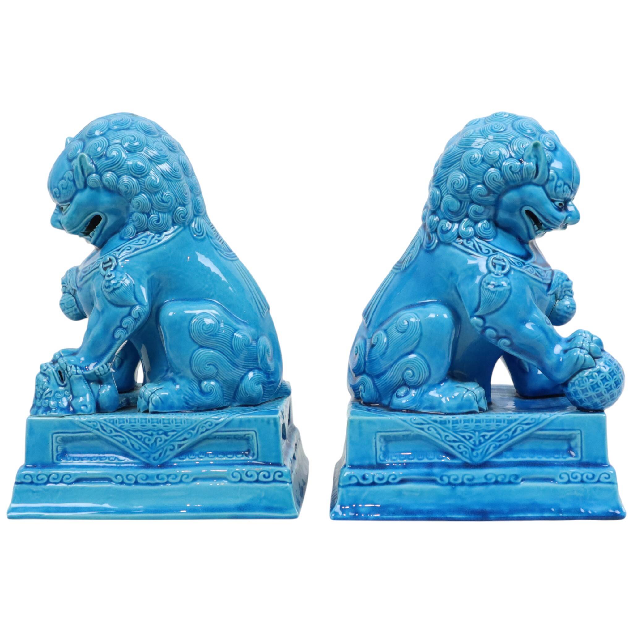 Large Temple Lion Statues Foo Dogs Blue Porcelain 25cm