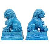 Large Temple Lion Statues Foo Dogs Blue Porcelain 25cm