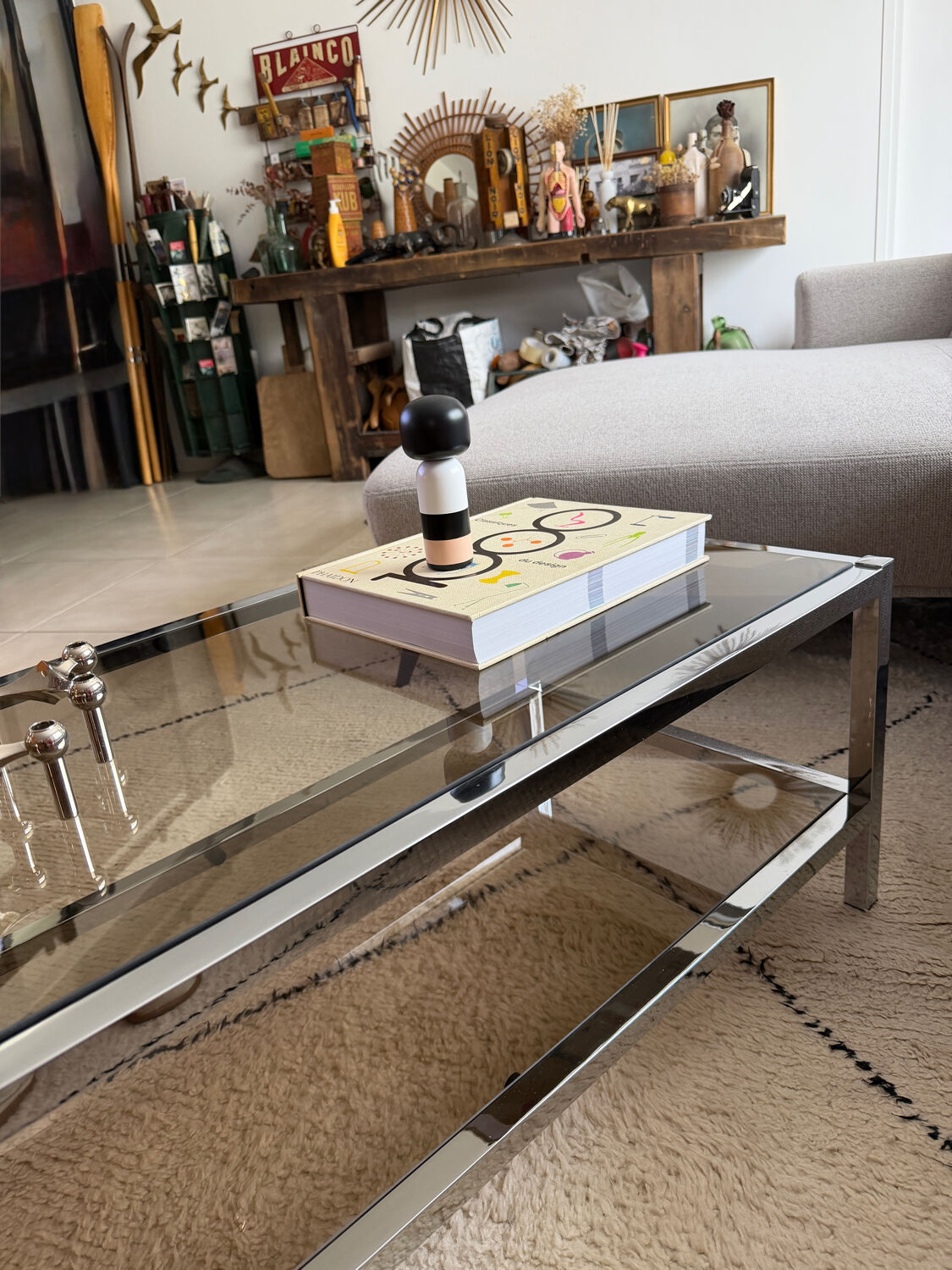 Table Basse Vintage Chrome & Verre Fumé (Style Belgo Chrom)