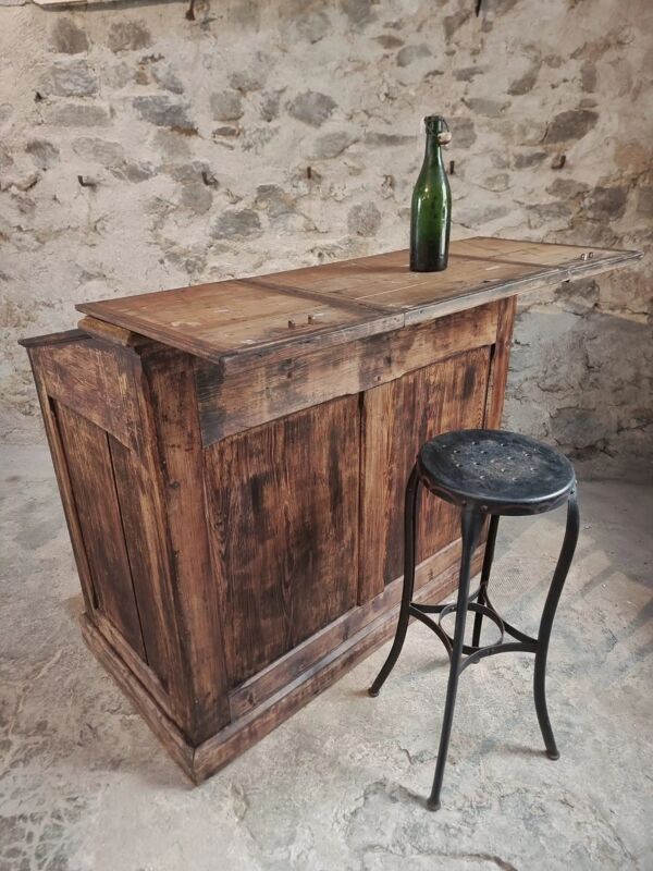 Bureau ancien en pin français – 1880, meuble bar / comptoir avec compartiments à abattants – 65×120×106 cm
