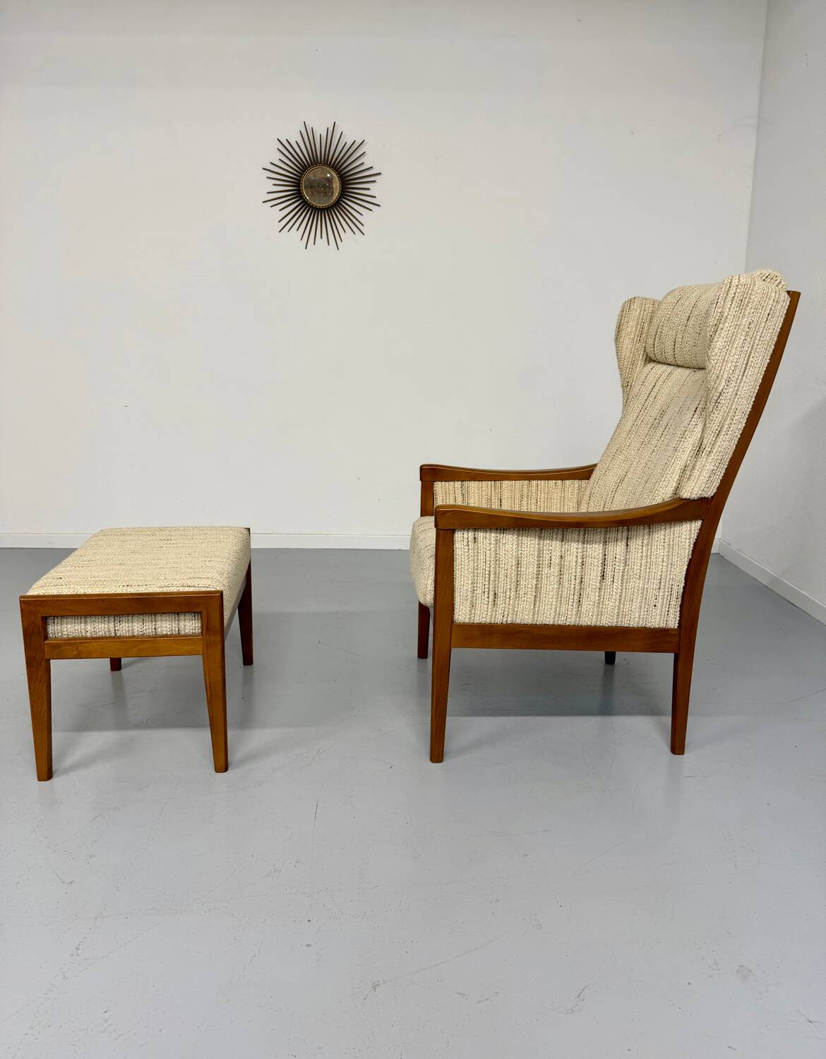 Vintage Casala wingback armchair with ottoman, 1970s design