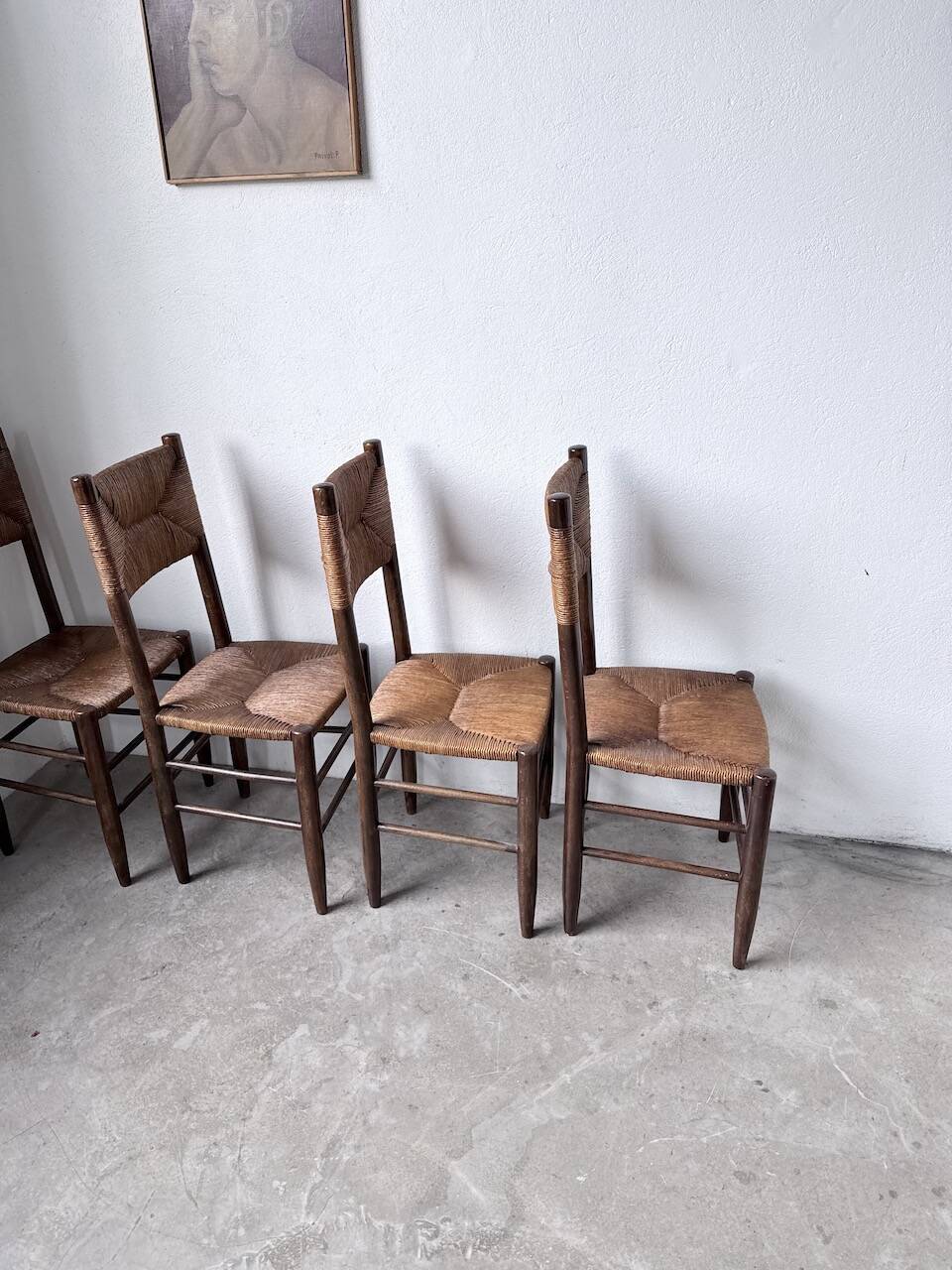 Set of 6 straw and oak Beauche chairs.