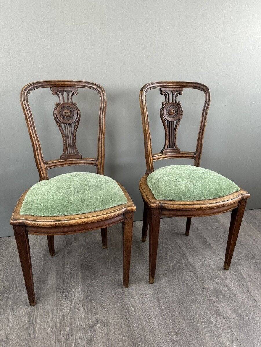 8 Vintage Wooden Chairs With Green Velvet Seat 20th Century