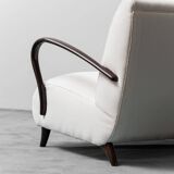 Set divano e poltrona in tessuto bianco legno anni ’70 modernariato