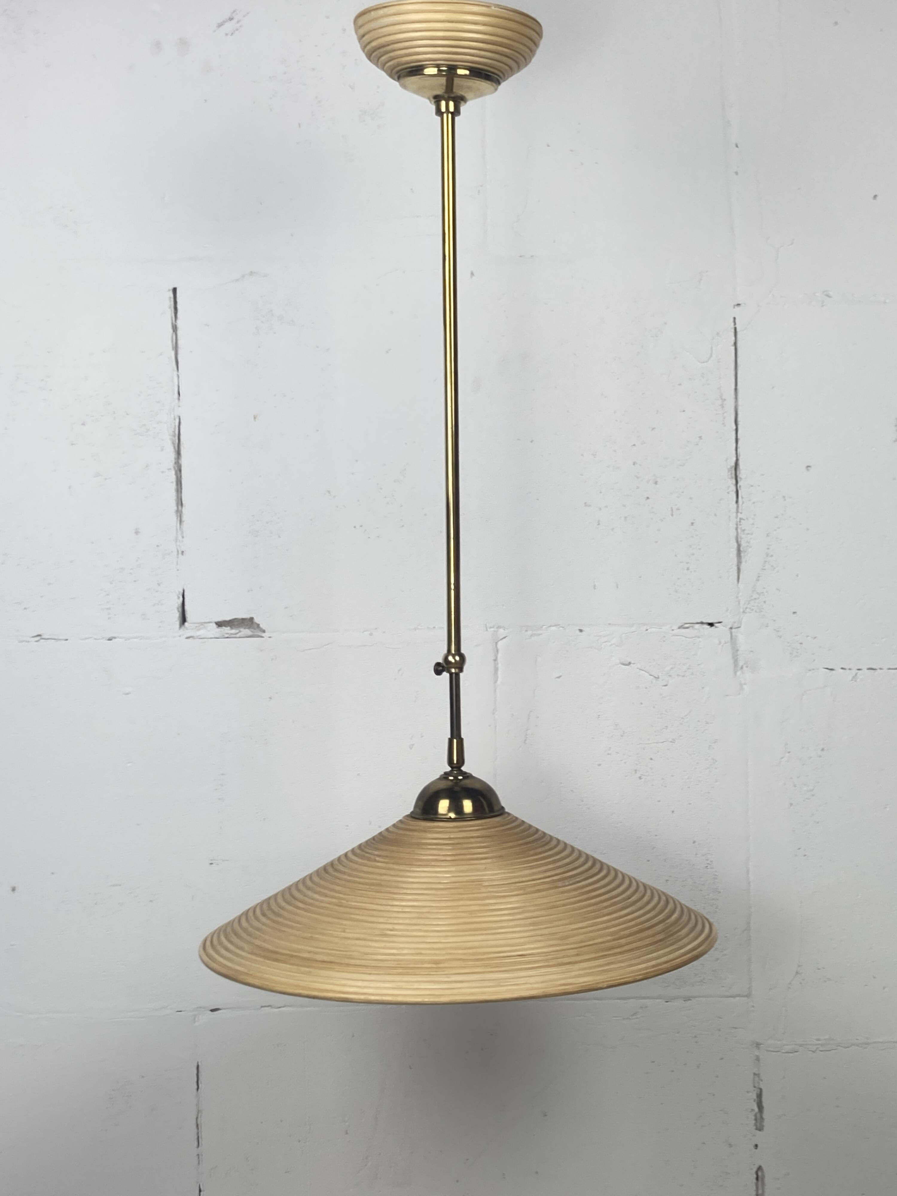Telescopic brass and pencil reed rattan bamboo hanging pendant lamp, Italy 1970s