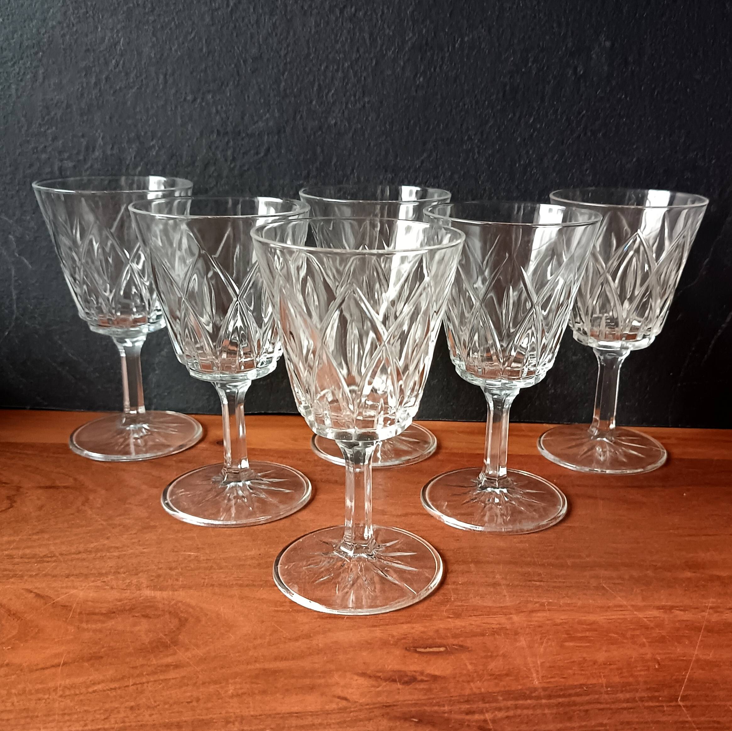 6 large champagne glasses vmc reims "champagne" pattern vintage france