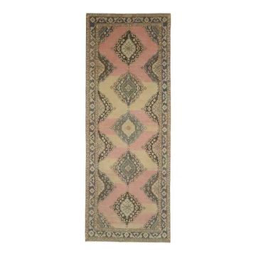 1970s Vintage Turkish Oushak Handmade Wool Cotton Yellow Runner Rug 140x390