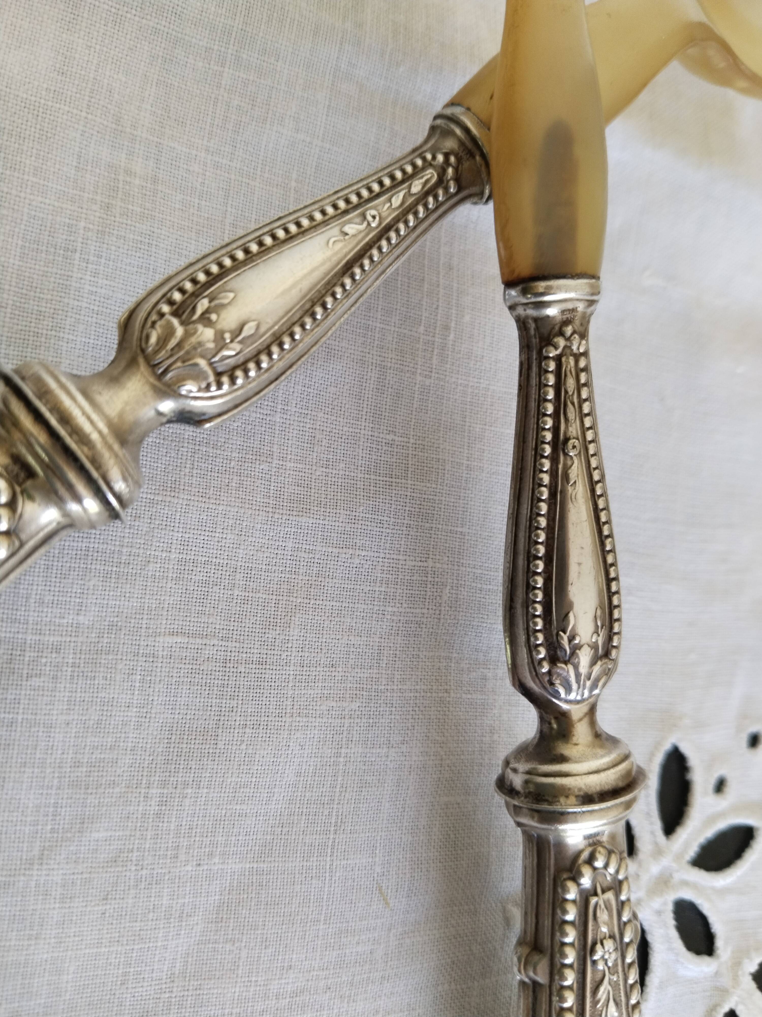 Salad servers in horn and silver metal