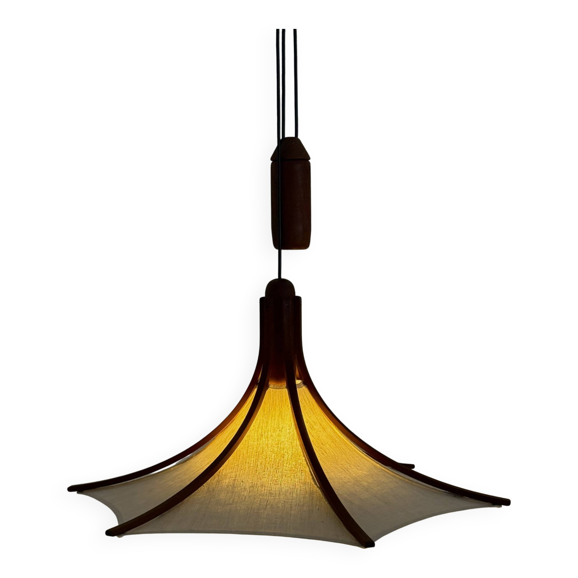 Mid-century teak pendant lamp from Domus with linen shade