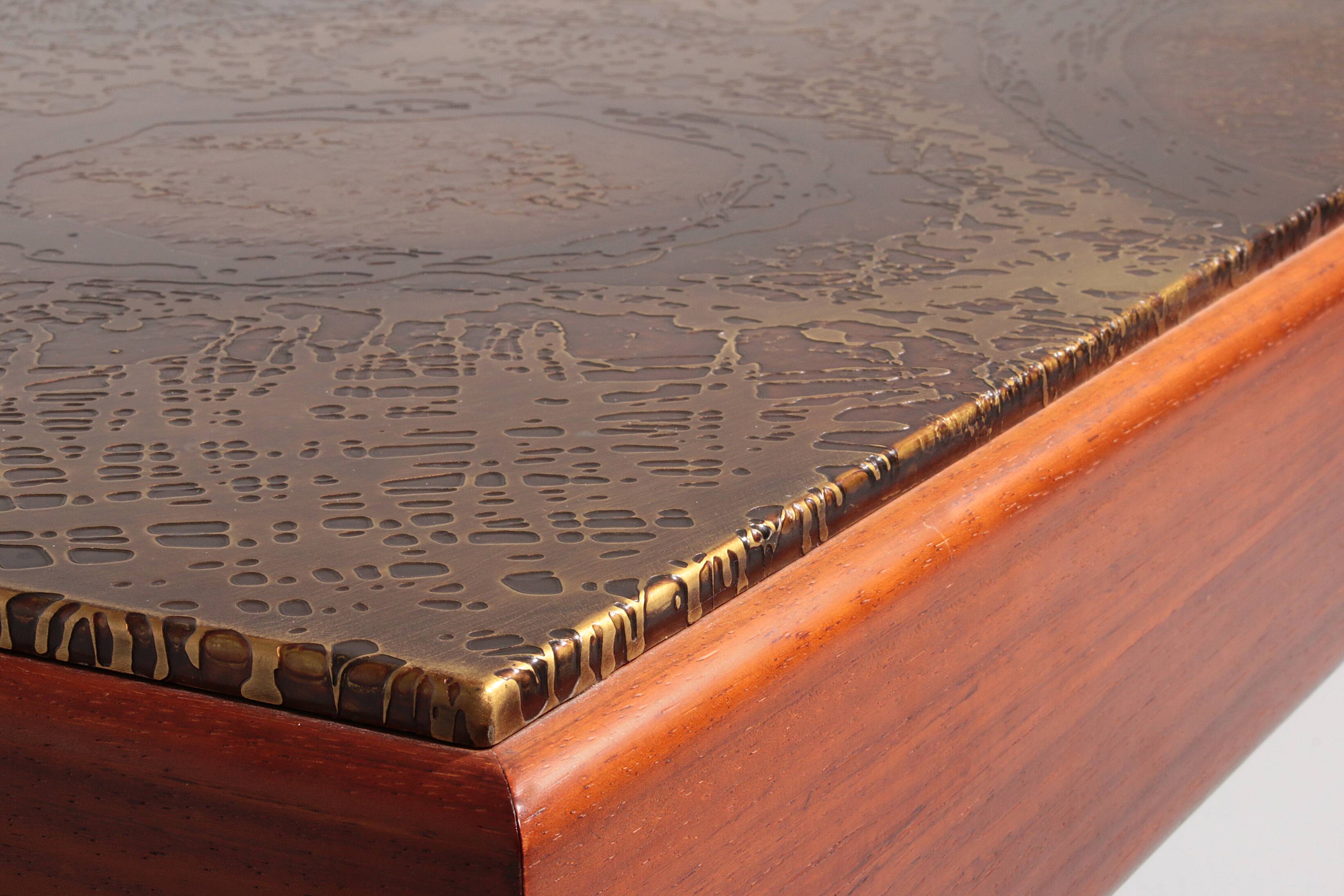 Brutalist Coffee Table with Copper Top and Wooden Base 1970