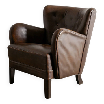 Fauteuil danois vintage « 1669 » en cuir marron par Fritz Hansen, années 1940