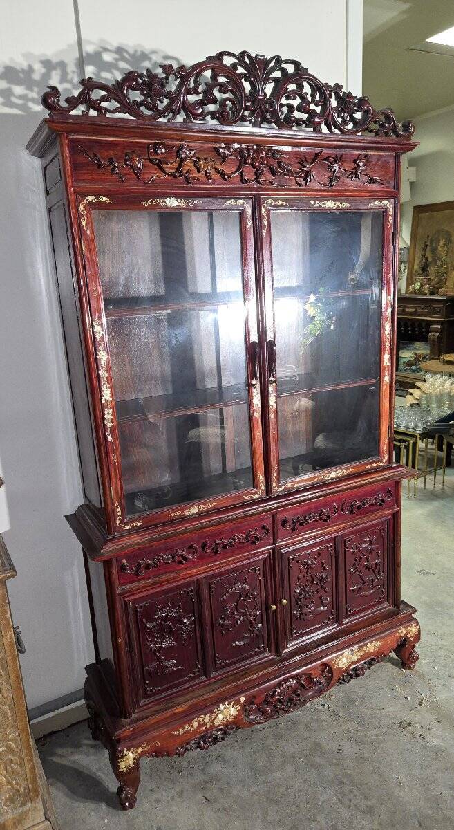 Asia 19th century: Ancient lacquer library, richly carved and decorated.