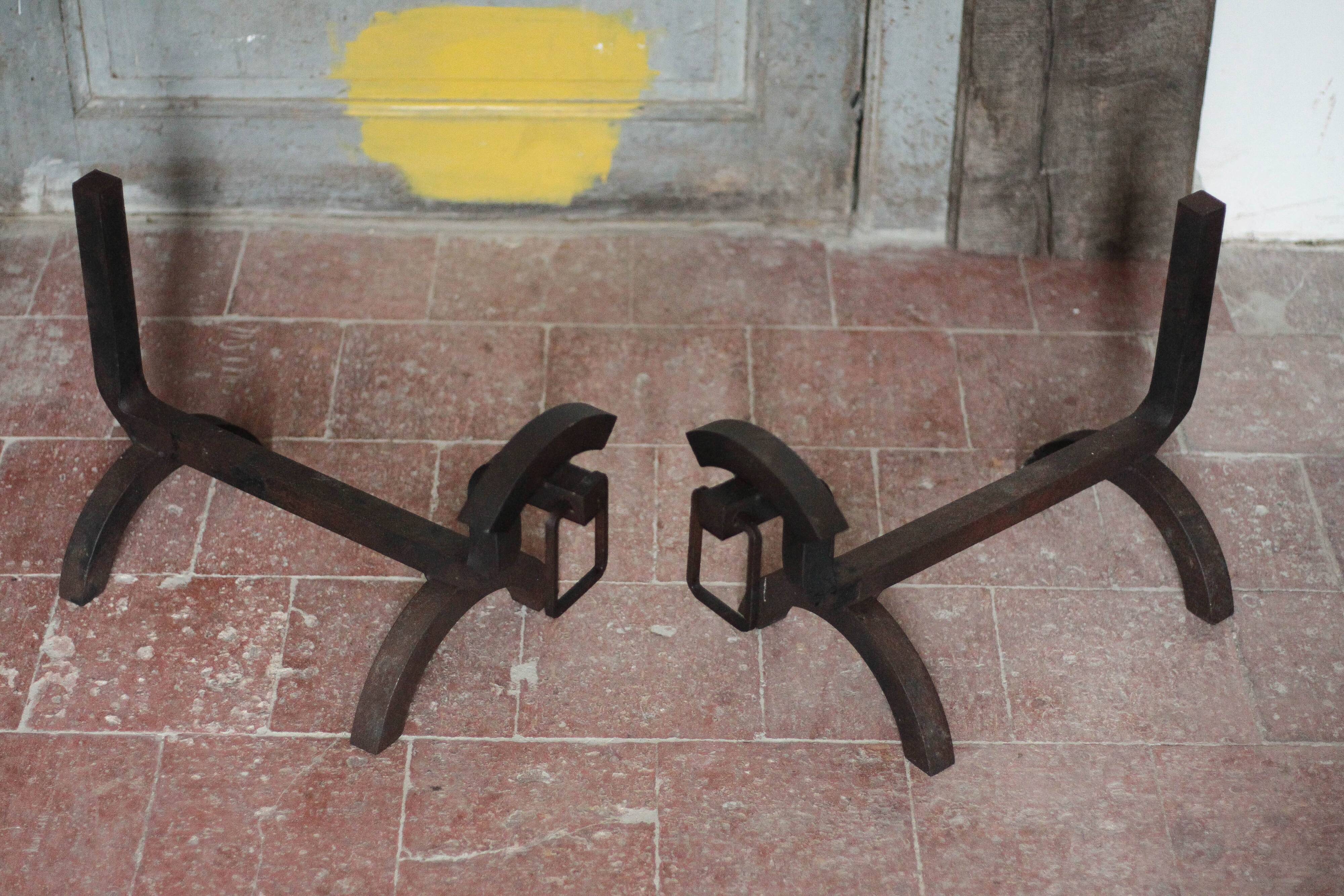 Vintage chenets, pair of brutalist dog-shaped chenets, fireplace accessory.