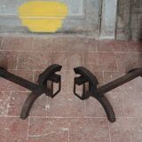 Vintage chenets, pair of brutalist dog-shaped chenets, fireplace accessory.