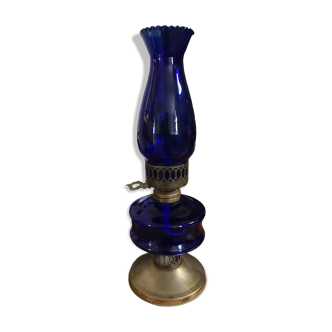 Cobalt blue glass kerosene lamp and brass stamped "Sail Boat Brand"