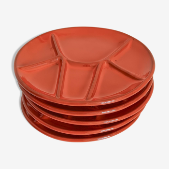 5 orange enamelled stoneware compartment plates.