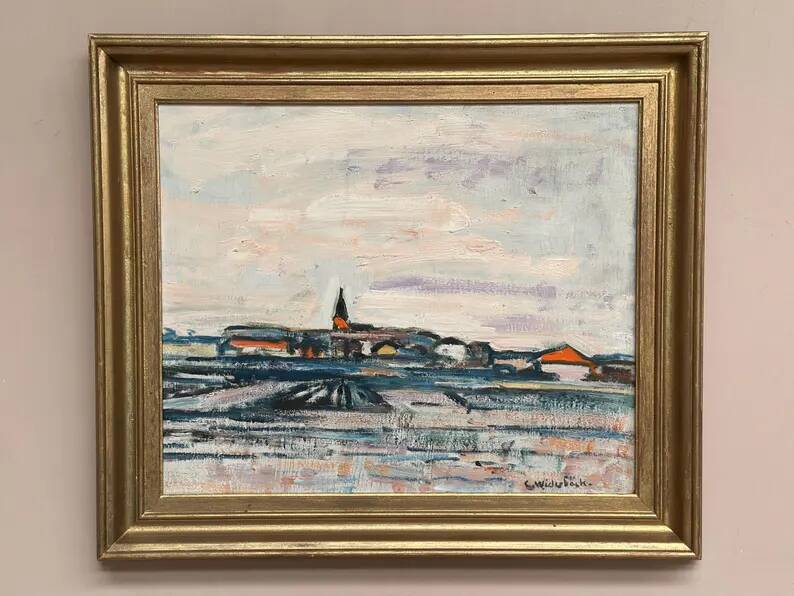Original Swedish Oil on Panel – "Uppsala" by Gusten Widerbäck – Signed – Dated 1965 (on the back) – Framed – 38 × 43 cm