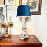Rouen earthenware and blue velvet table lamp