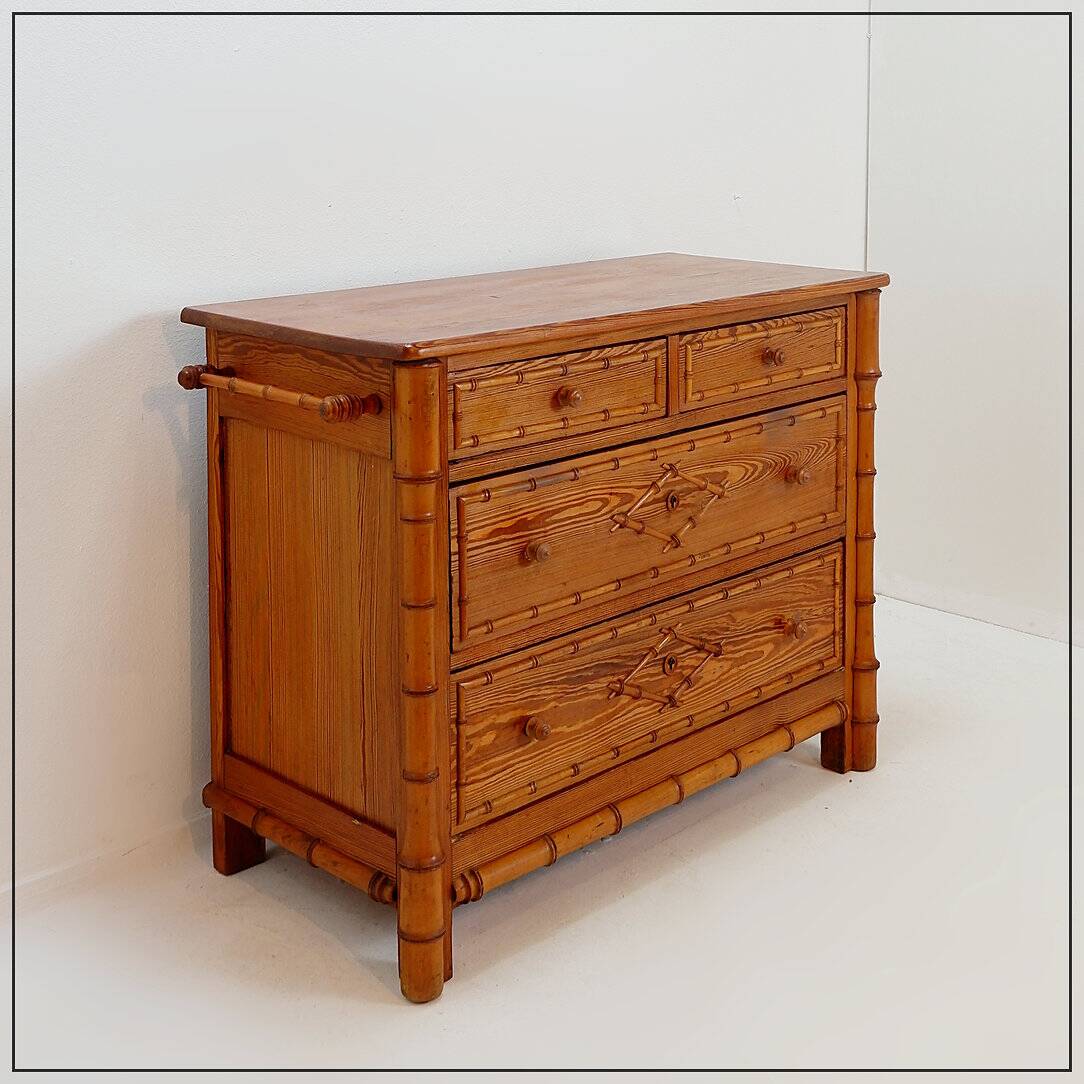 Faux Bamboo Dark Pine Chest of Drawers - 20th century