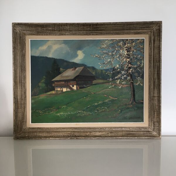 Tableau ancien chalet et arbre en fleurs