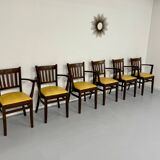 Lot de 6 chaises bistrot fauteuils en bois et simili jaune vintage année 80